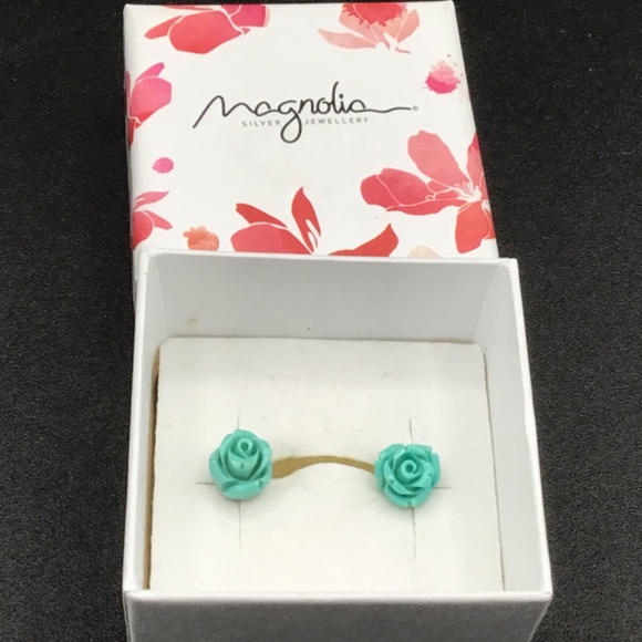 - Rose Shaped Turquoise Silver Stud Earrings by Magnolia Jewelry - Picture 5 of 7